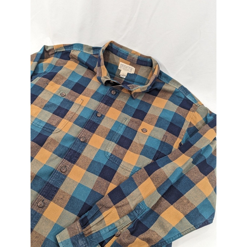 Vintage Duluth Trading Heavy Cotton Shirt 3XL Blue Brown Plaid Long Sleeve